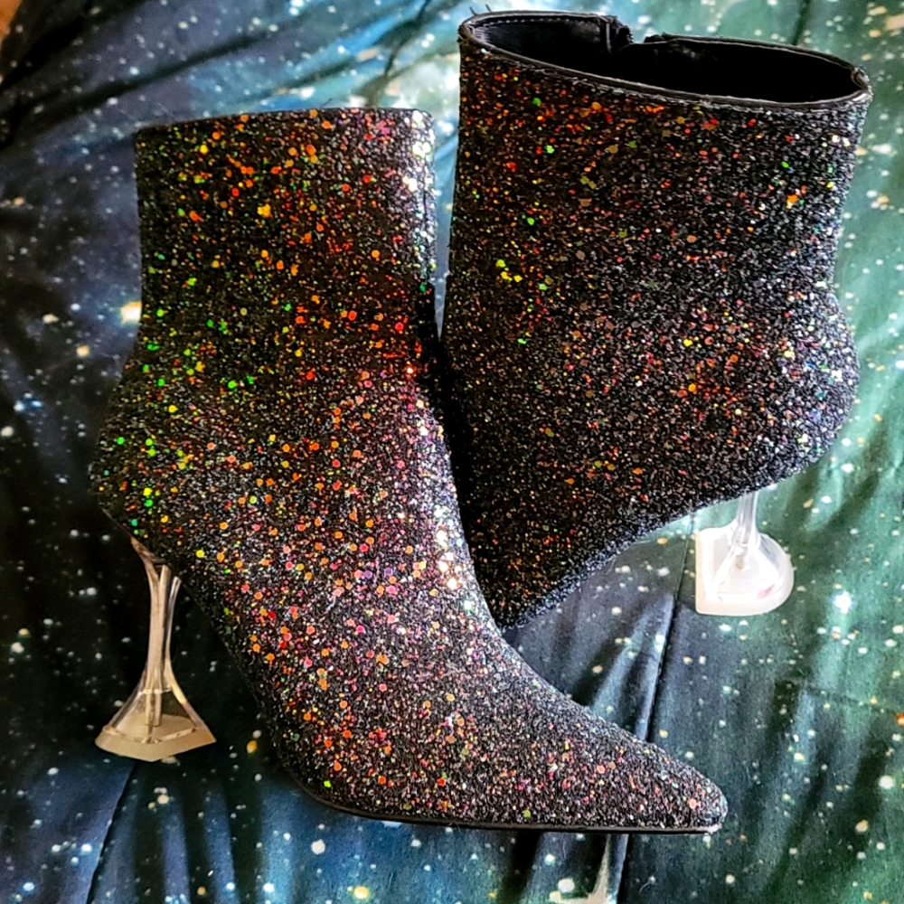 Mermaid Pyramid Heel Sparkle Boots with Rainbow Glitter